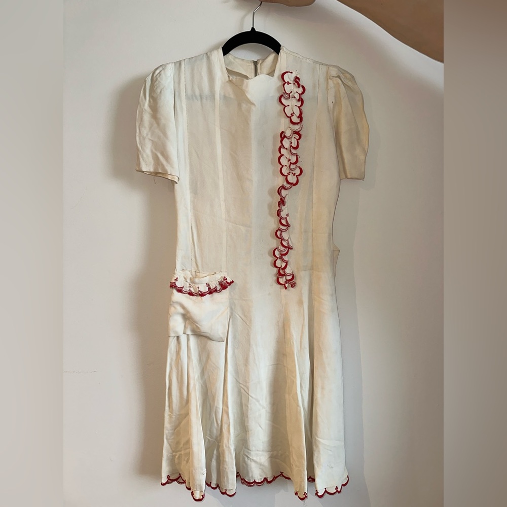 1940’s cream dress with red flower detailing